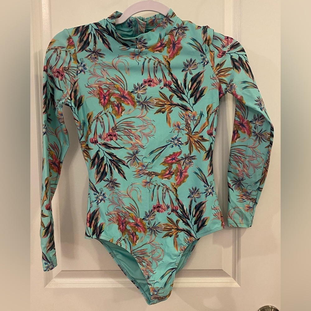 O’Neill Surf Suit Girls Sz 14 Aloha One Piece Long Sleeve Teal Tropical Design